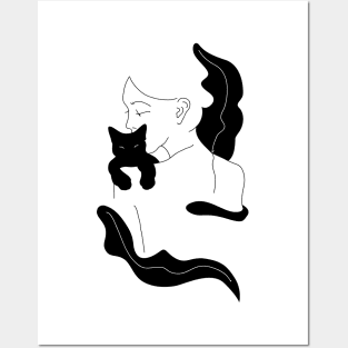 Girl with Black Cat and Plants / Line Art Posters and Art